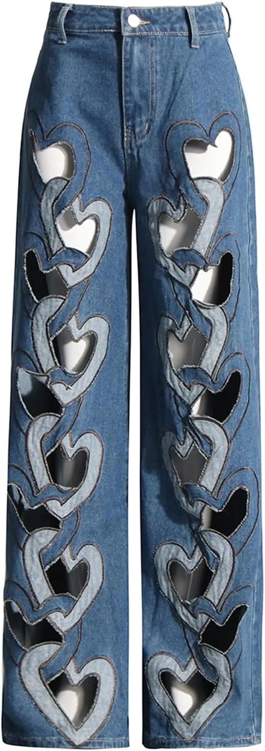 Heart Cutout Jeans for Women Baggy Wide Leg Y2k High Waist Trendy Straight Denim Pants Trouser