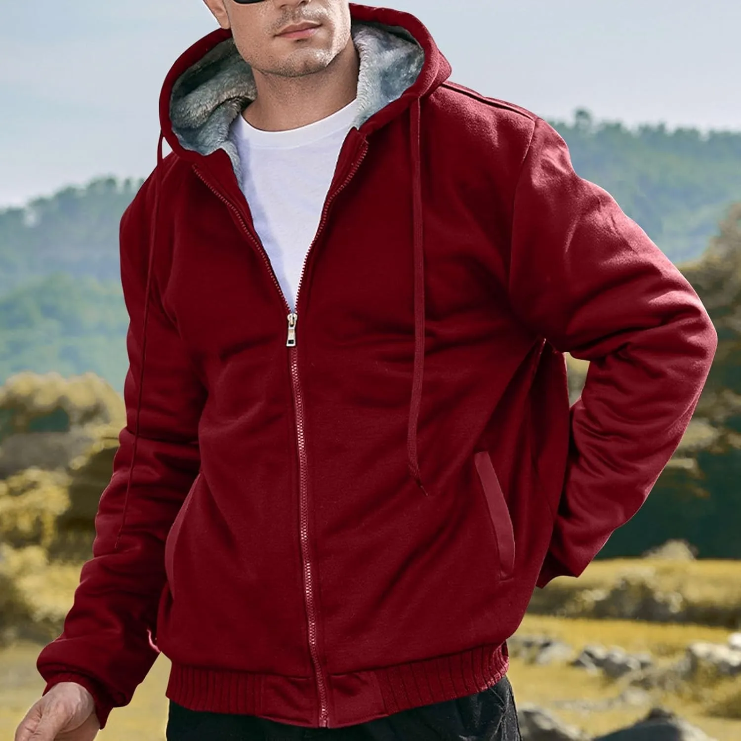 Heavyweight Fleece Hoodies for Men Full Zip Thick Sherpa Lined Sweatshirt Winter Warm Contrast Jackets with Pockets