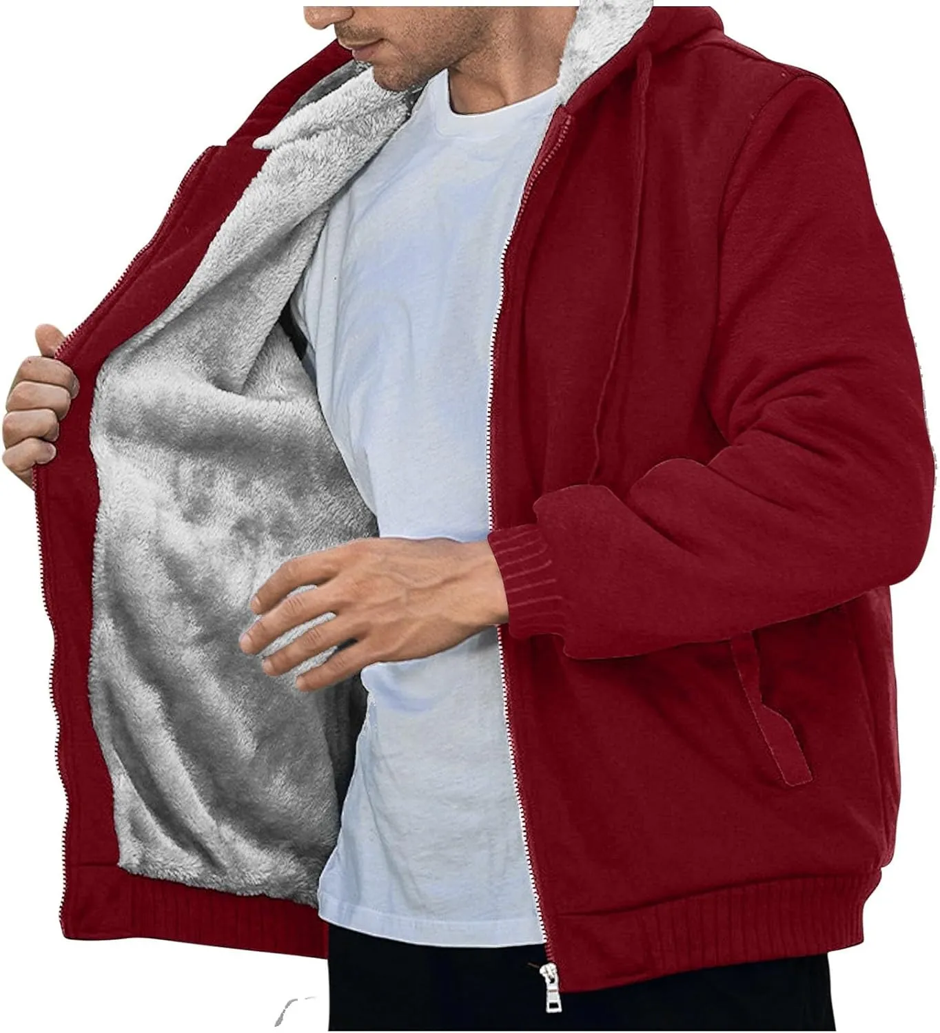 Heavyweight Fleece Hoodies for Men Full Zip Thick Sherpa Lined Sweatshirt Winter Warm Contrast Jackets with Pockets