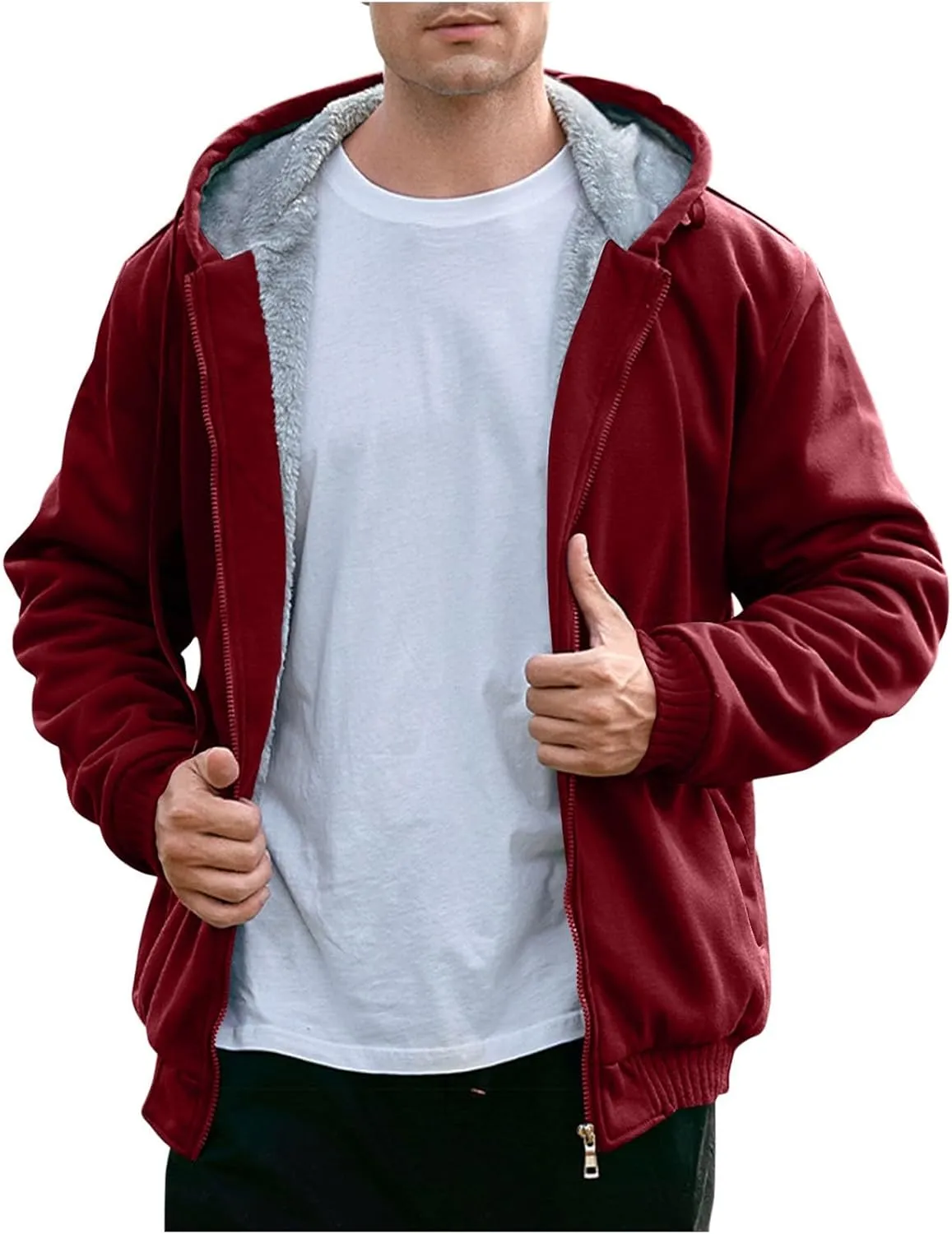 Heavyweight Fleece Hoodies for Men Full Zip Thick Sherpa Lined Sweatshirt Winter Warm Contrast Jackets with Pockets