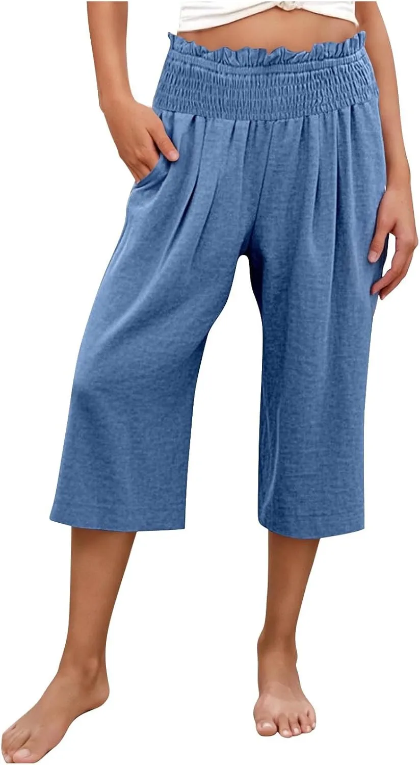 High Waisted Palazzo Pants for Women Wide Leg Linen Capri Pant Casual Summer Beach Cropped Trousers with Pockets