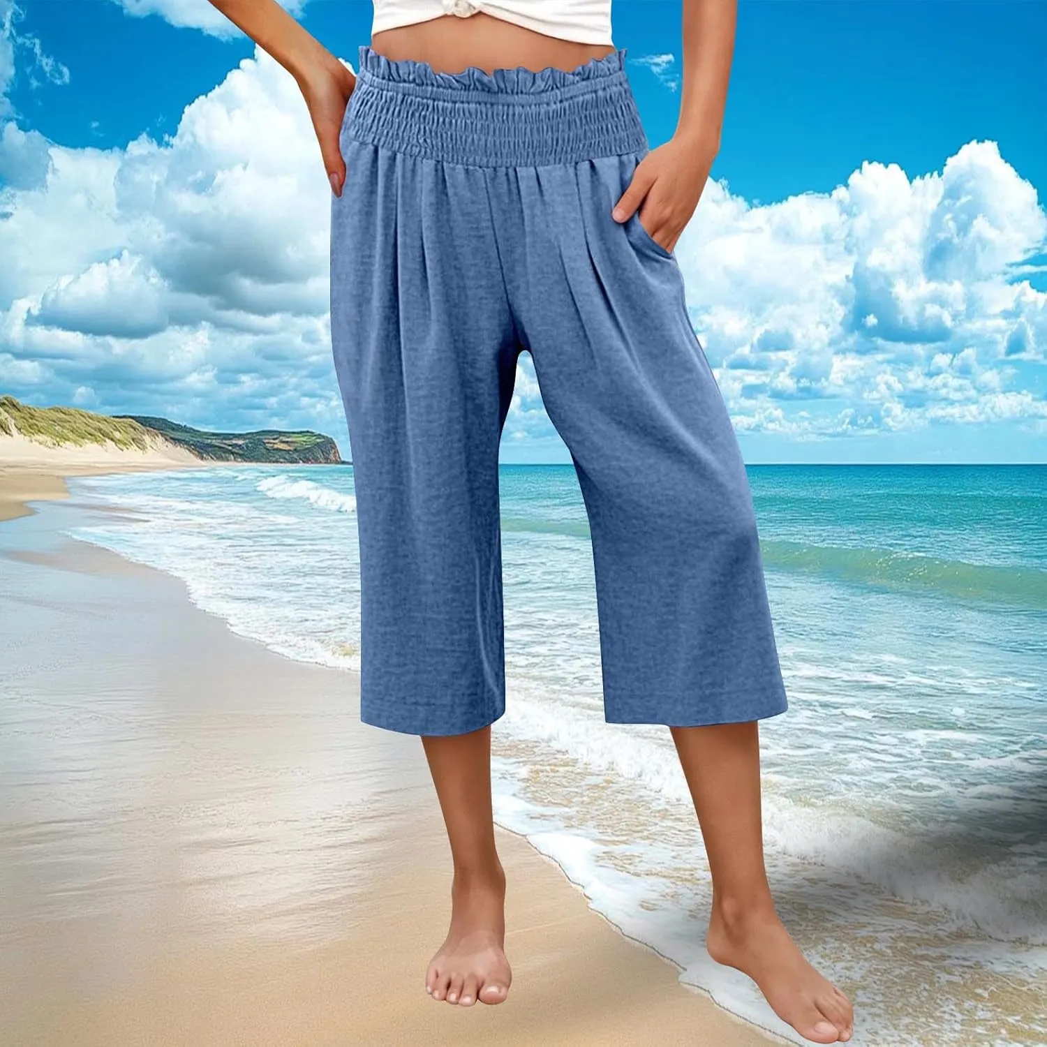 High Waisted Palazzo Pants for Women Wide Leg Linen Capri Pant Casual Summer Beach Cropped Trousers with Pockets