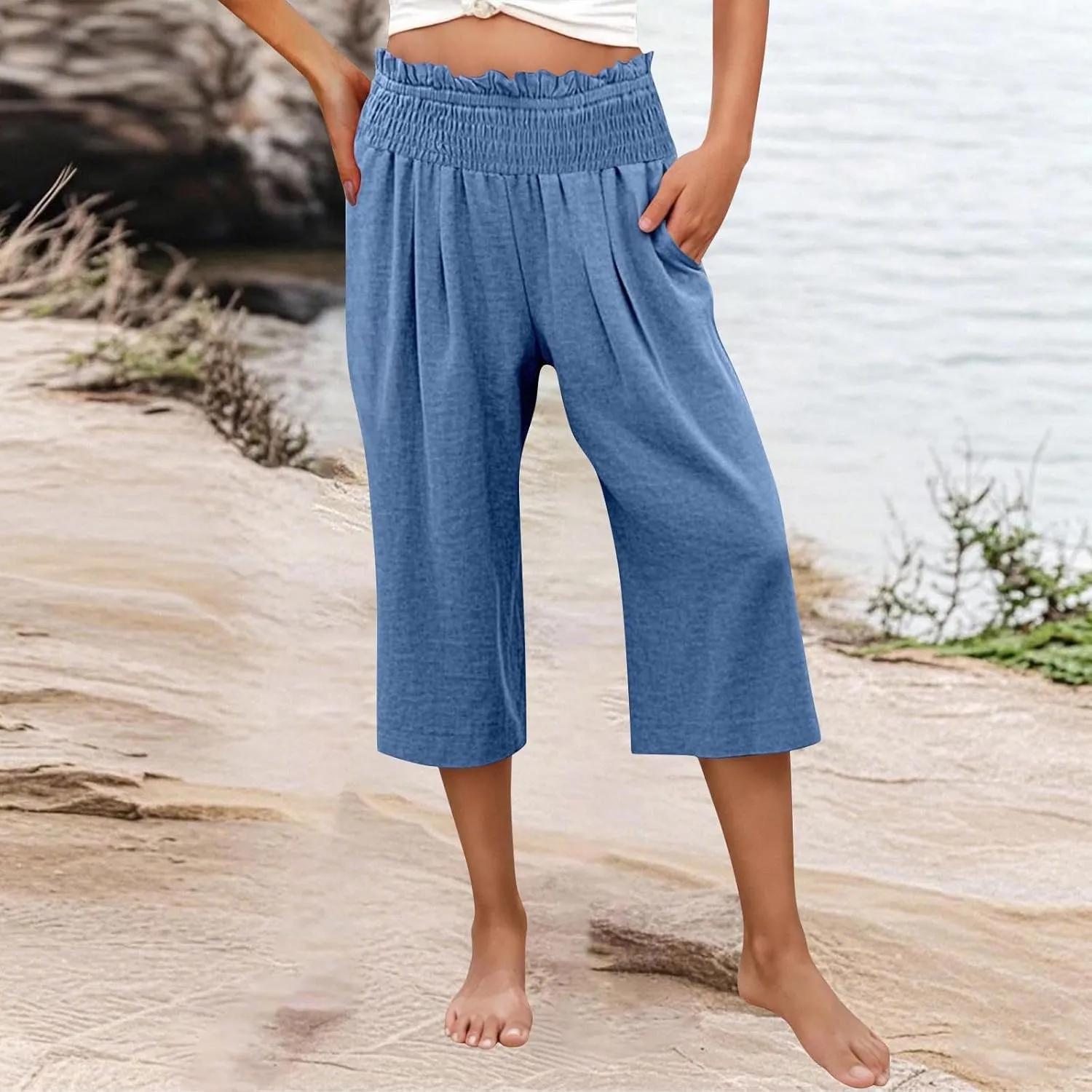 High Waisted Palazzo Pants for Women Wide Leg Linen Capri Pant Casual Summer Beach Cropped Trousers with Pockets
