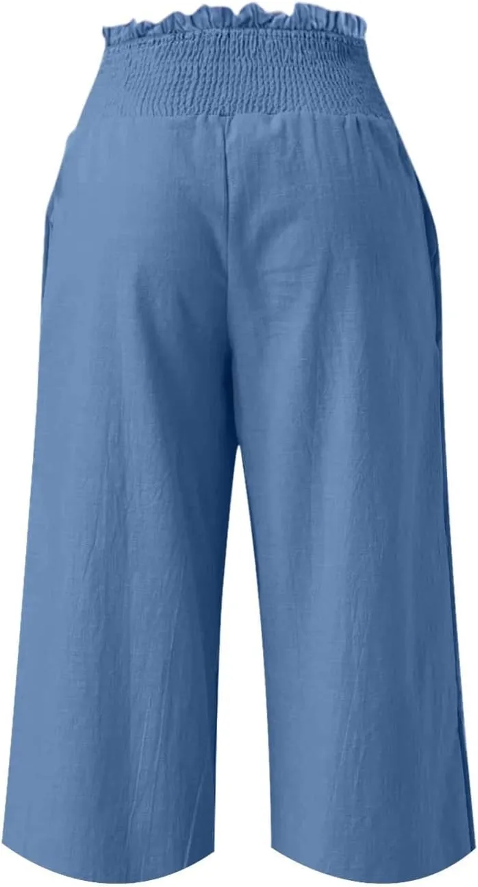 High Waisted Palazzo Pants for Women Wide Leg Linen Capri Pant Casual Summer Beach Cropped Trousers with Pockets