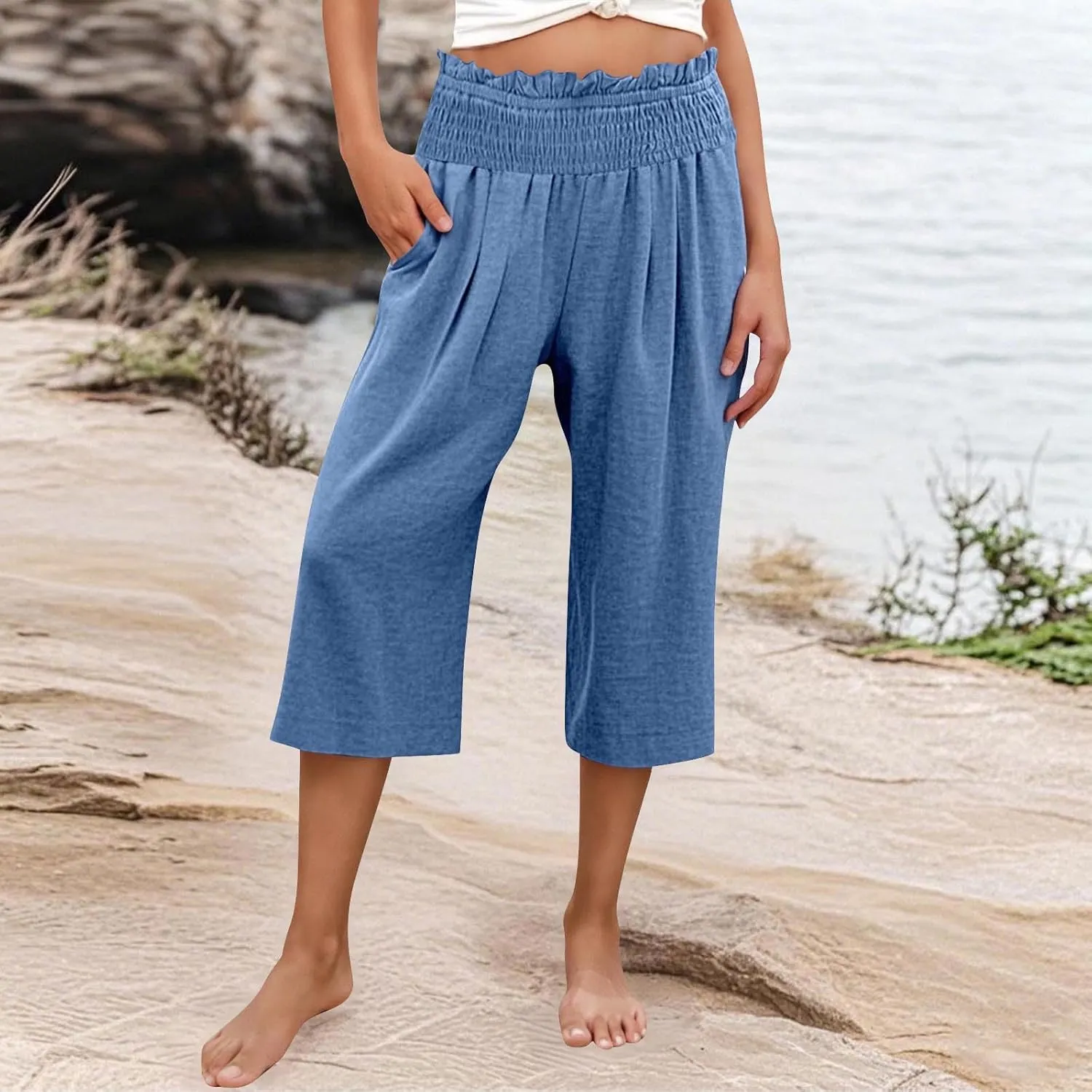 High Waisted Palazzo Pants for Women Wide Leg Linen Capri Pant Casual Summer Beach Cropped Trousers with Pockets