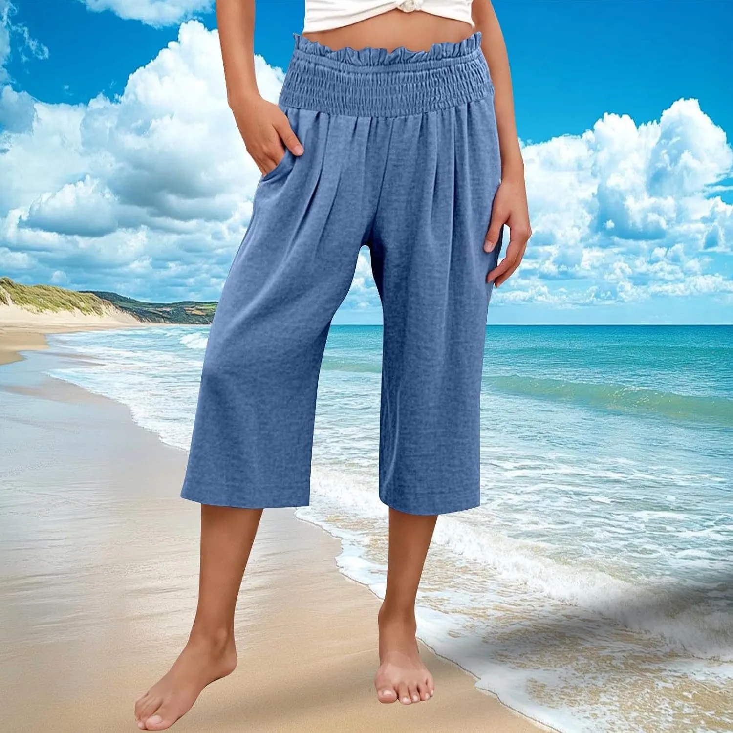 High Waisted Palazzo Pants for Women Wide Leg Linen Capri Pant Casual Summer Beach Cropped Trousers with Pockets