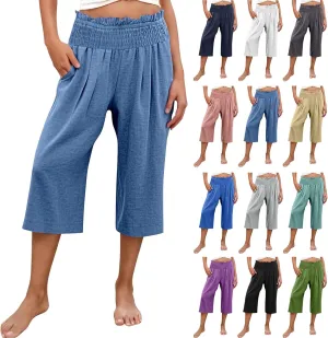 High Waisted Palazzo Pants for Women Wide Leg Linen Capri Pant Casual Summer Beach Cropped Trousers with Pockets