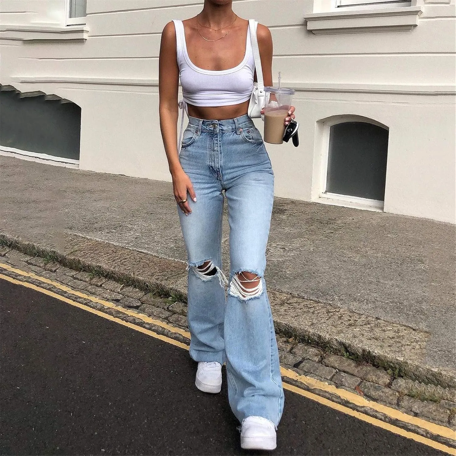 High Waisted Ripped Jeans for Women Skinny Trendy Butt Lifting Boyfriends Denim Pants Streetwear Destroyed Trousers
