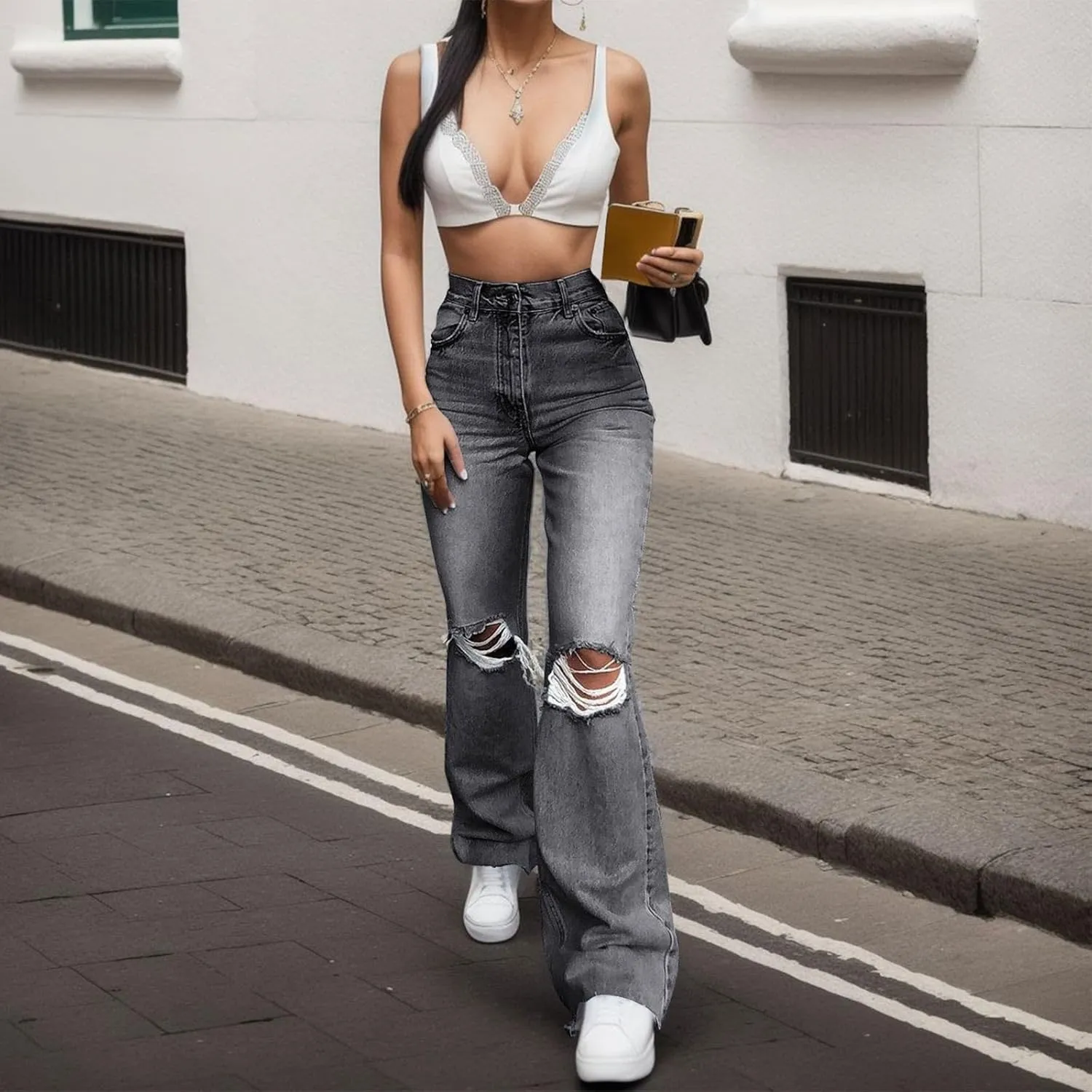 High Waisted Ripped Jeans for Women Skinny Trendy Butt Lifting Boyfriends Denim Pants Streetwear Destroyed Trousers