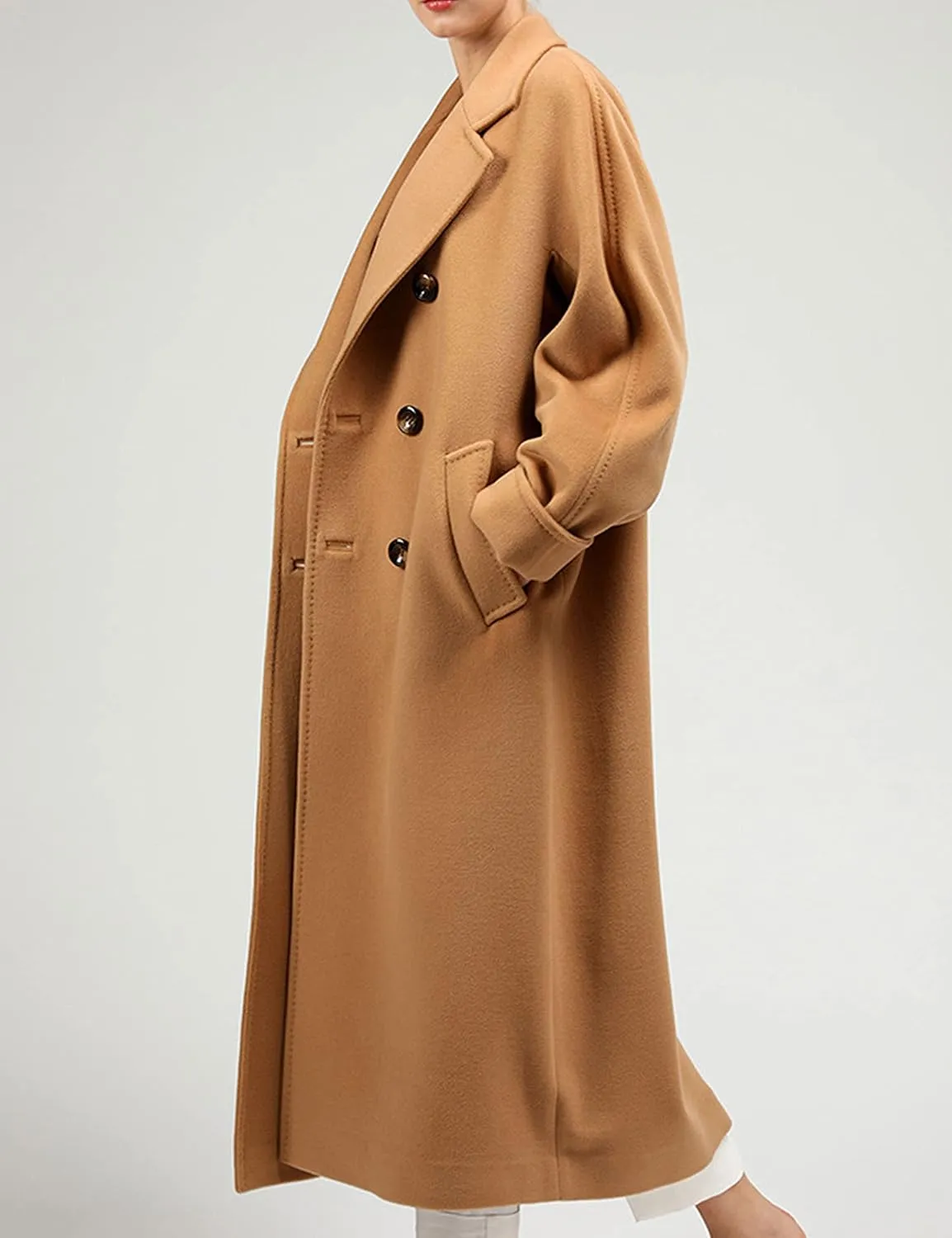 Himosyber Women Wool Blend Pea Coat Camel Notched Collar Double Breasted Outerwear Jacket