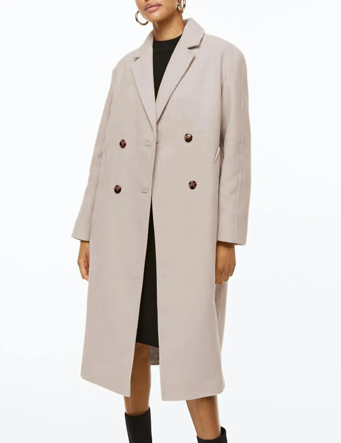 Himosyber Women Wool Blend Pea Coat Camel Notched Collar Double Breasted Outerwear Jacket