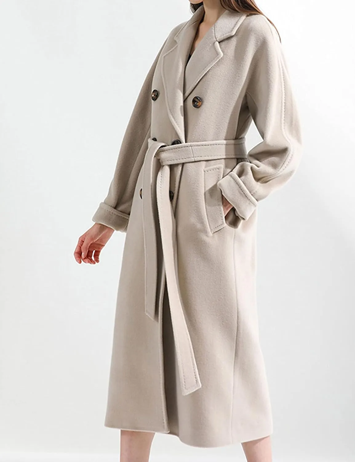 Himosyber Women Wool Blend Pea Coat Camel Notched Collar Double Breasted Outerwear Jacket