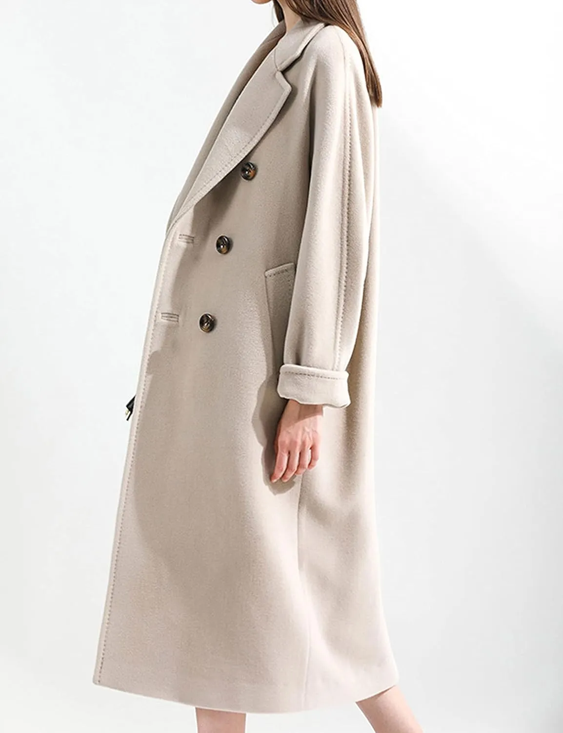 Himosyber Women Wool Blend Pea Coat Camel Notched Collar Double Breasted Outerwear Jacket