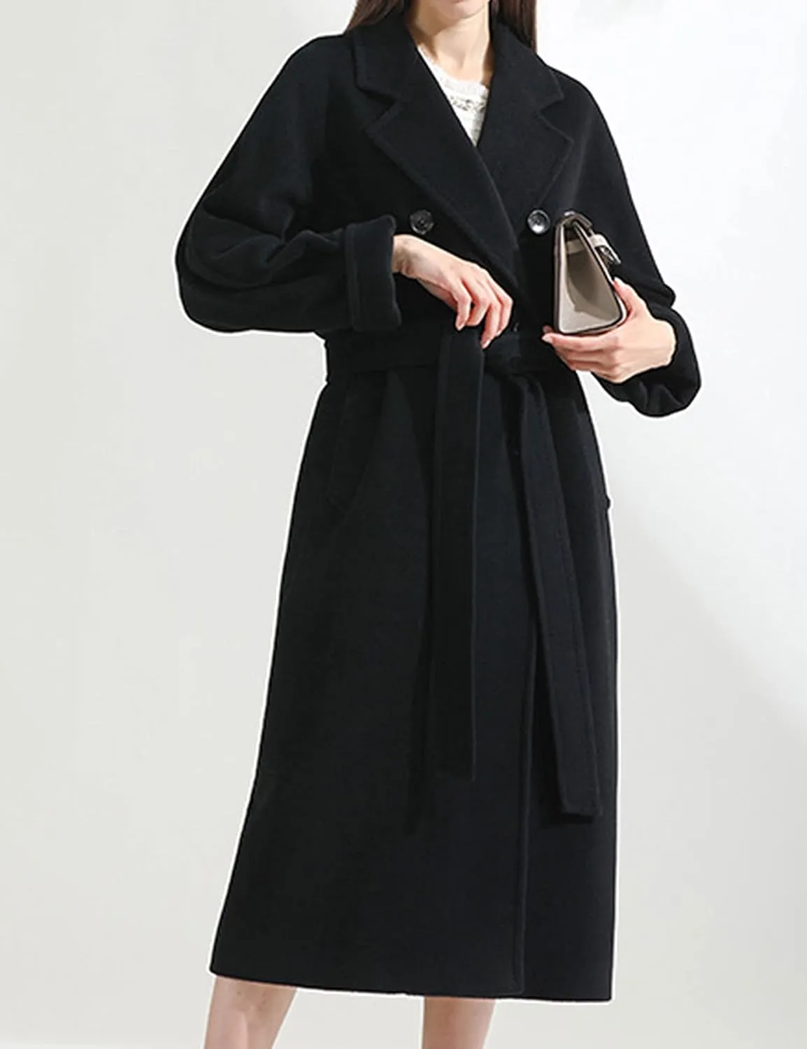 Himosyber Women Wool Blend Pea Coat Camel Notched Collar Double Breasted Outerwear Jacket