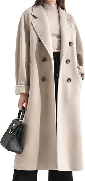Himosyber Women Wool Blend Pea Coat Camel Notched Collar Double Breasted Outerwear Jacket