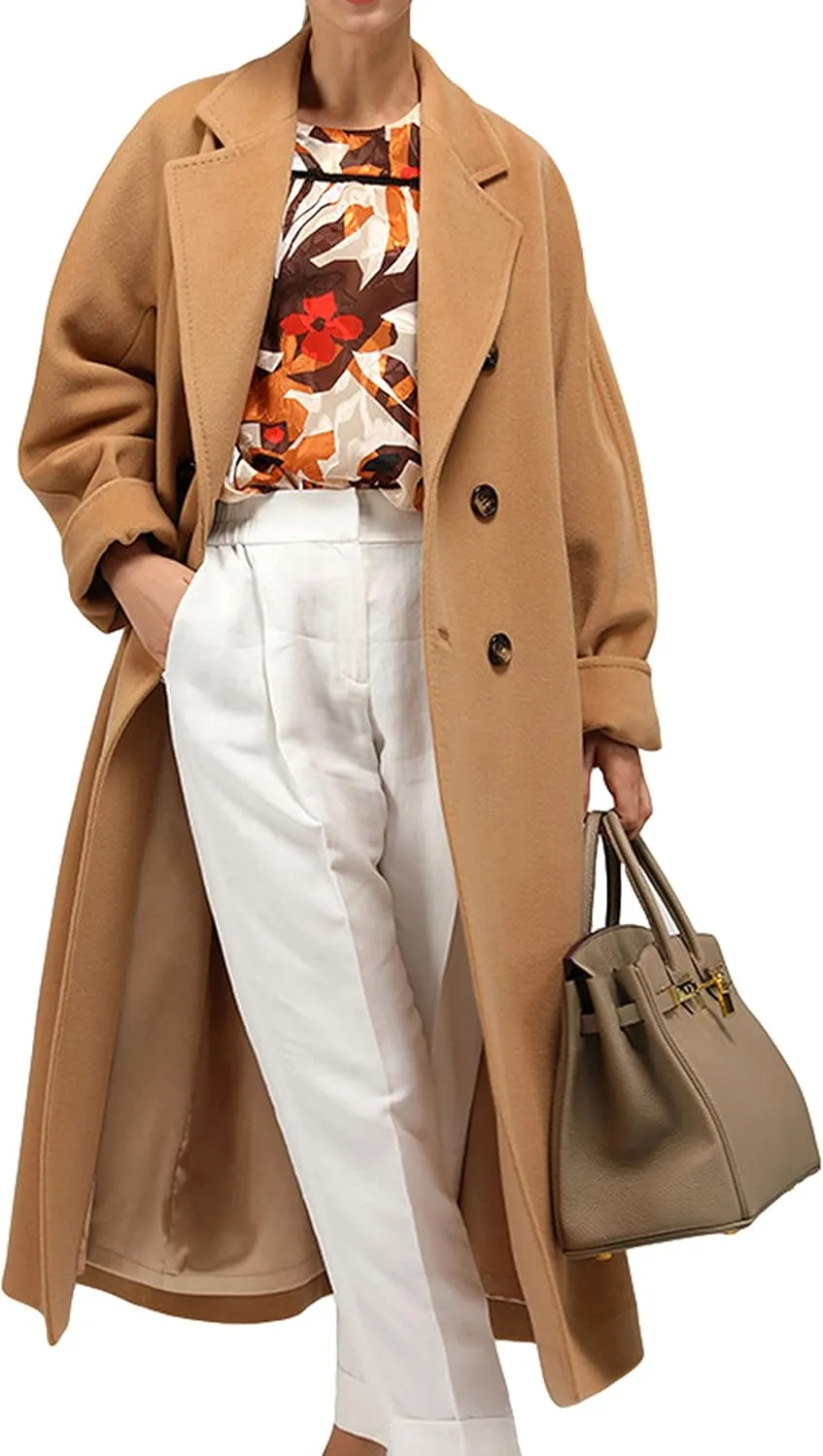 Himosyber Women Wool Blend Pea Coat Camel Notched Collar Double Breasted Outerwear Jacket