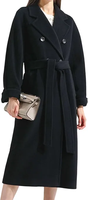 Himosyber Women Wool Blend Pea Coat Camel Notched Collar Double Breasted Outerwear Jacket