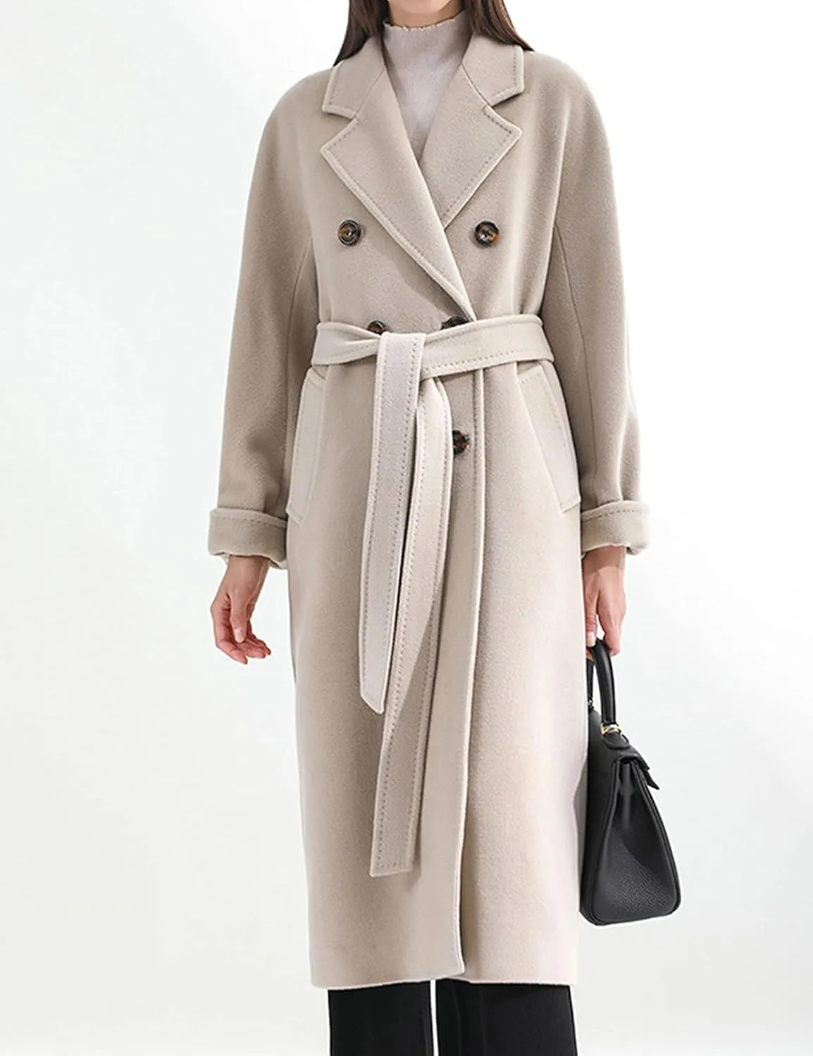 Himosyber Women Wool Blend Pea Coat Camel Notched Collar Double Breasted Outerwear Jacket
