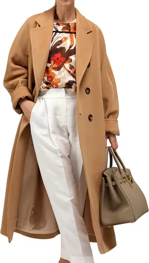 Himosyber Women Wool Blend Pea Coat Camel Notched Collar Double Breasted Outerwear Jacket