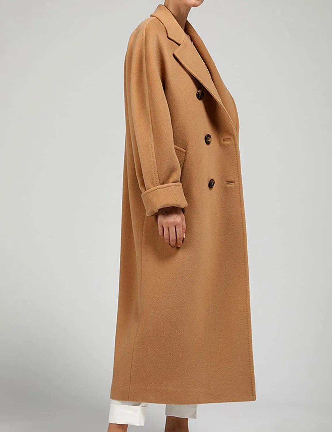 Himosyber Women Wool Blend Pea Coat Camel Notched Collar Double Breasted Outerwear Jacket