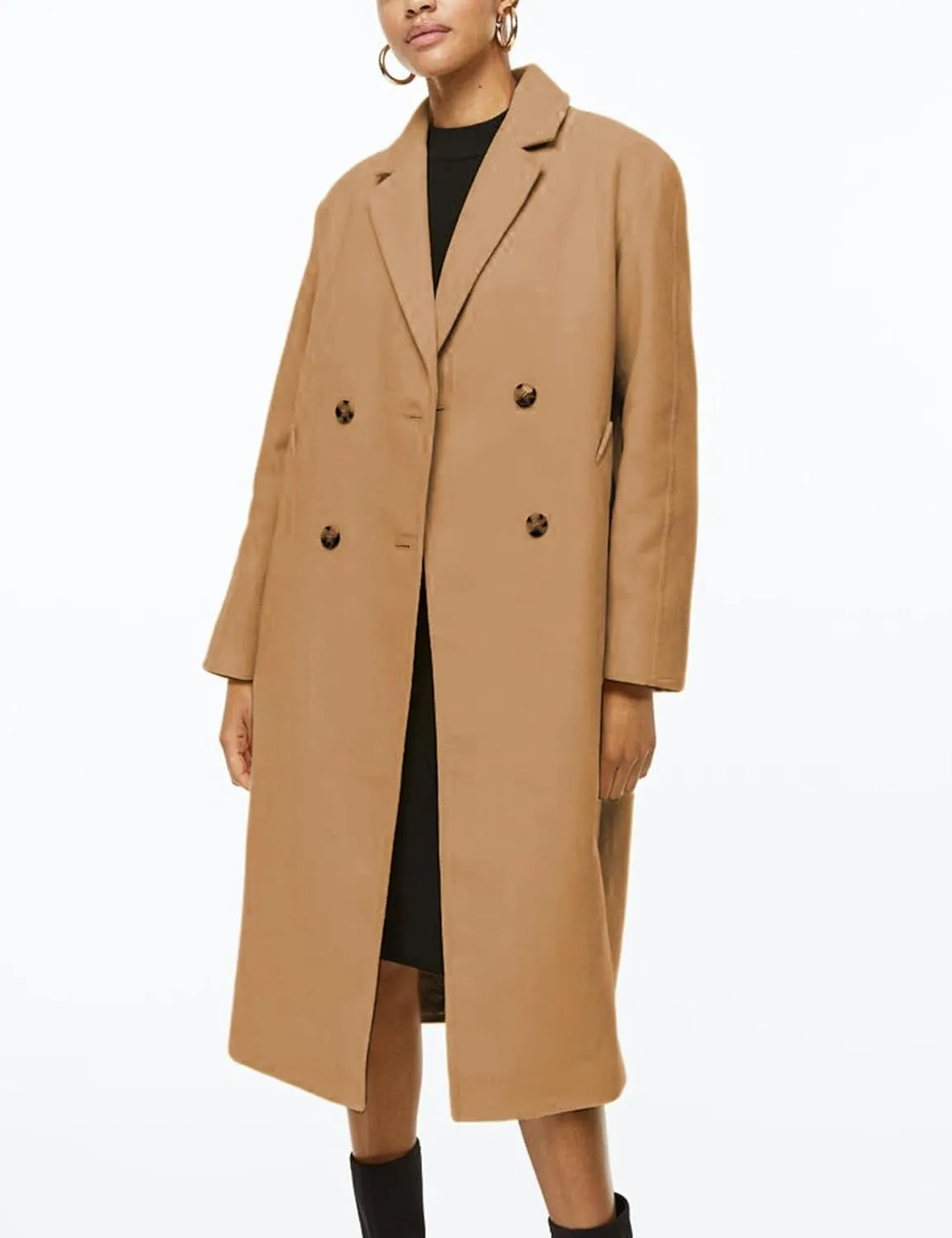 Himosyber Women Wool Blend Pea Coat Camel Notched Collar Double Breasted Outerwear Jacket