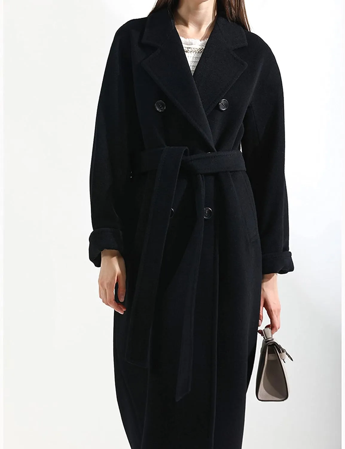 Himosyber Women Wool Blend Pea Coat Camel Notched Collar Double Breasted Outerwear Jacket