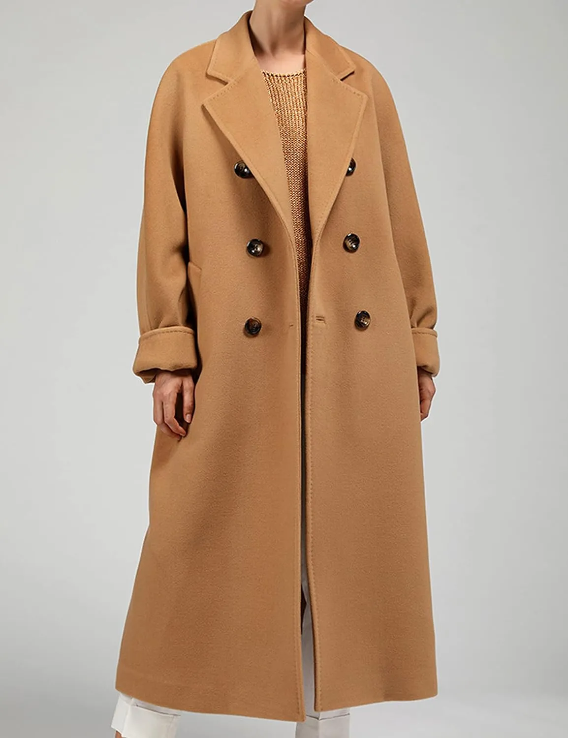 Himosyber Women Wool Blend Pea Coat Camel Notched Collar Double Breasted Outerwear Jacket