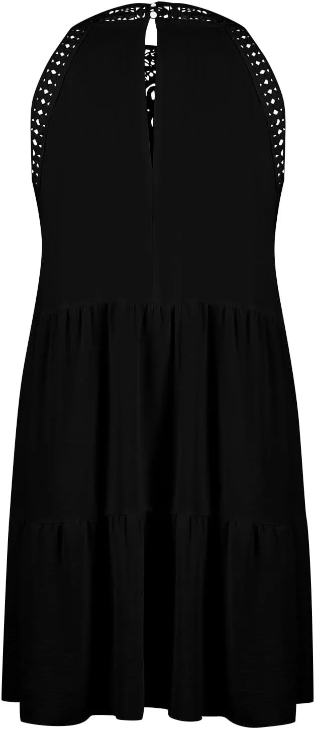 HXHYQKP Womens Summer Casual Sleeveless Halter Sundress 2025 Hollow Out Tiered Swing A Line Mini Beach Vacation Dresses