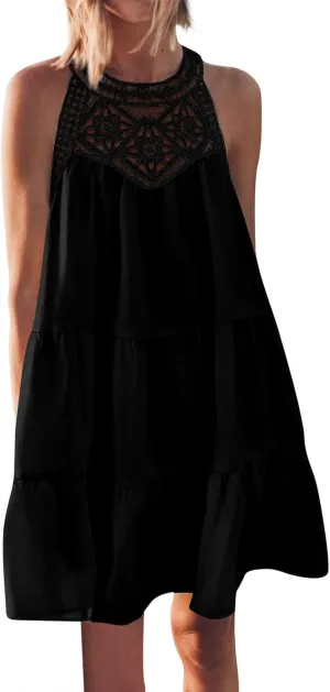 HXHYQKP Womens Summer Casual Sleeveless Halter Sundress 2025 Hollow Out Tiered Swing A Line Mini Beach Vacation Dresses