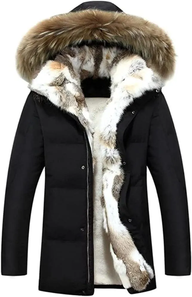 HZCX FASHION Men's Fur Collar Hooded Warm Fleece Lined Down Jackets And Coats