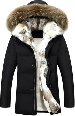HZCX FASHION Men's Fur Collar Hooded Warm Fleece Lined Down Jackets And Coats