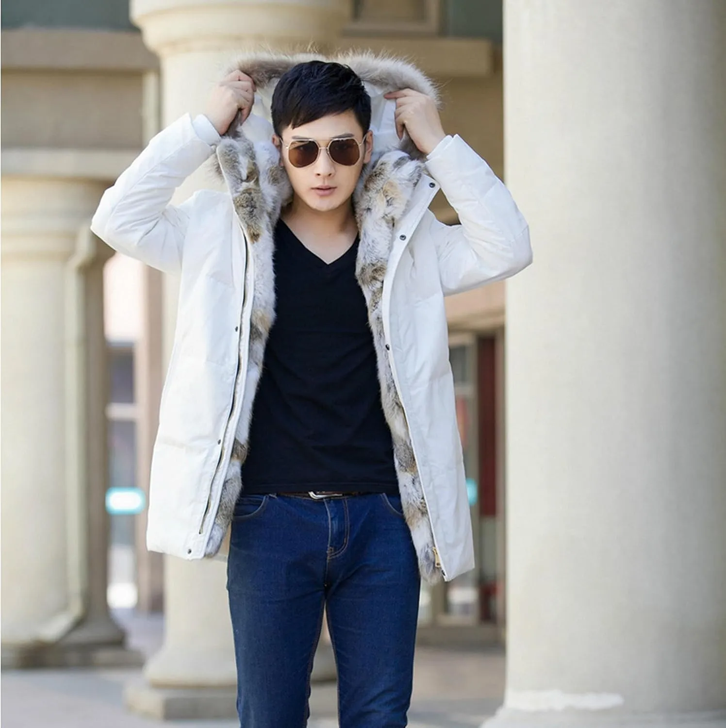 HZCX FASHION Men's Fur Collar Hooded Warm Fleece Lined Down Jackets And Coats