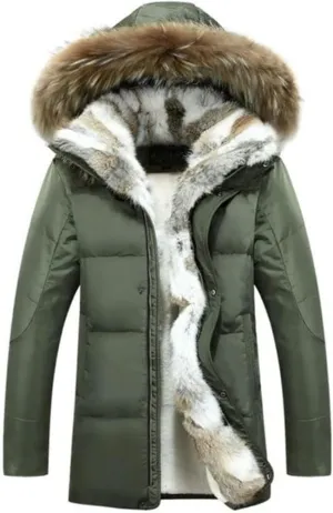 HZCX FASHION Men's Fur Collar Hooded Warm Fleece Lined Down Jackets And Coats