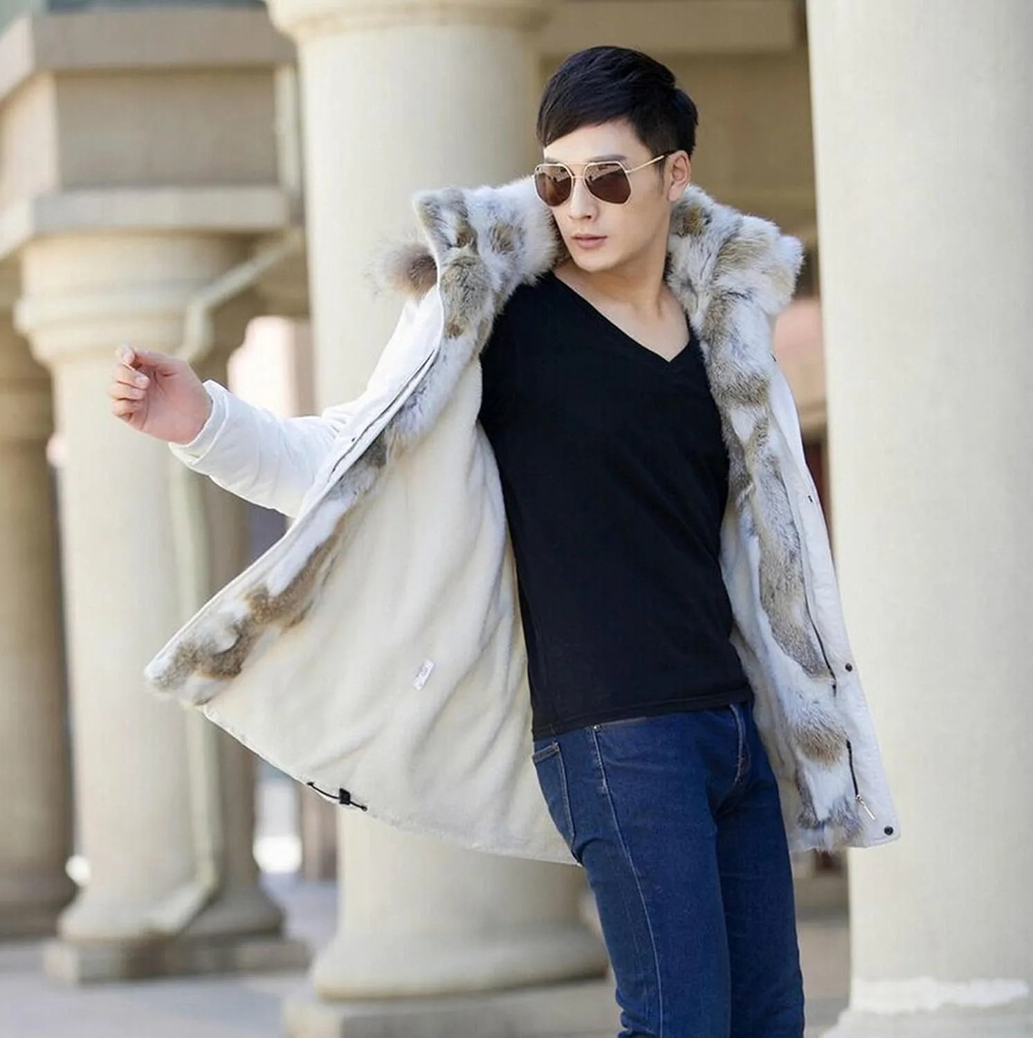 HZCX FASHION Men's Fur Collar Hooded Warm Fleece Lined Down Jackets And Coats