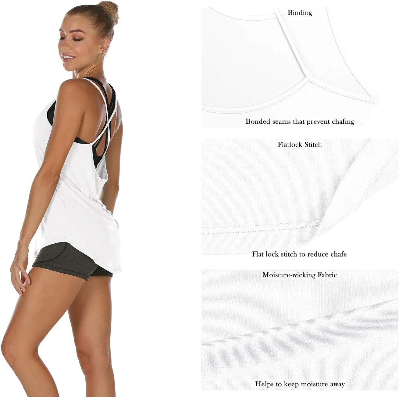 icyzone Workout Tank Tops for Women - Athletic Yoga Tops Open Back Strappy Running Shirts (Pack of 2)