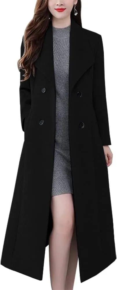 IDEALSANXUN Womens Shawl Collar Long Wool Coats Fall Winter Double Breasted Trench Coat