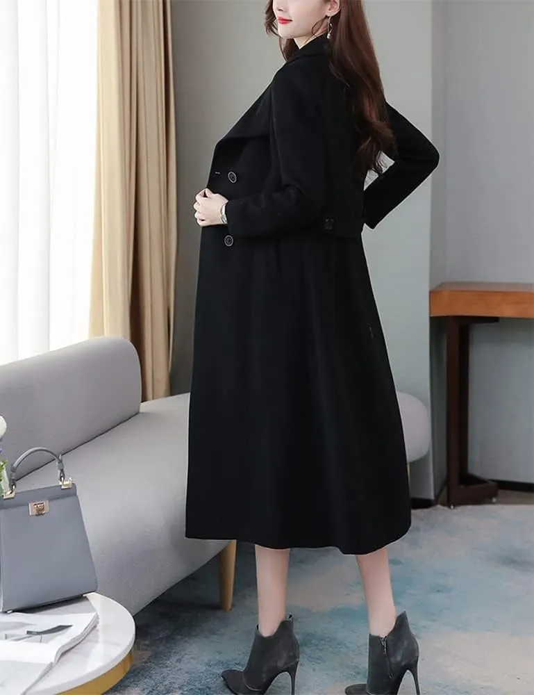 IDEALSANXUN Womens Shawl Collar Long Wool Coats Fall Winter Double Breasted Trench Coat
