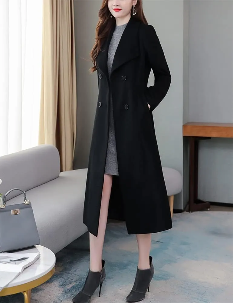 IDEALSANXUN Womens Shawl Collar Long Wool Coats Fall Winter Double Breasted Trench Coat