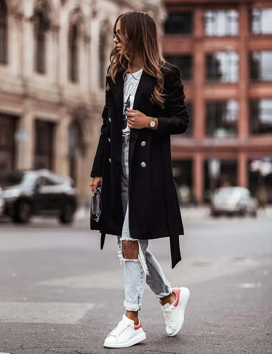IDEALSANXUN Womens Wool Coats Fall Winter Double Breasted Trench Coat with Belt
