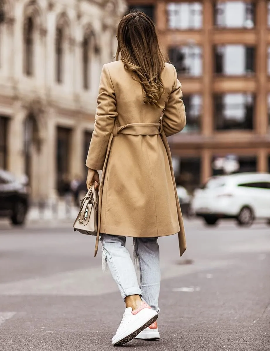IDEALSANXUN Womens Wool Coats Fall Winter Double Breasted Trench Coat with Belt