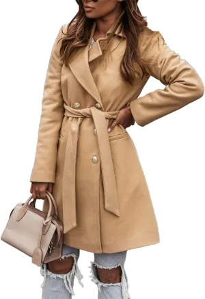 IDEALSANXUN Womens Wool Coats Fall Winter Double Breasted Trench Coat with Belt