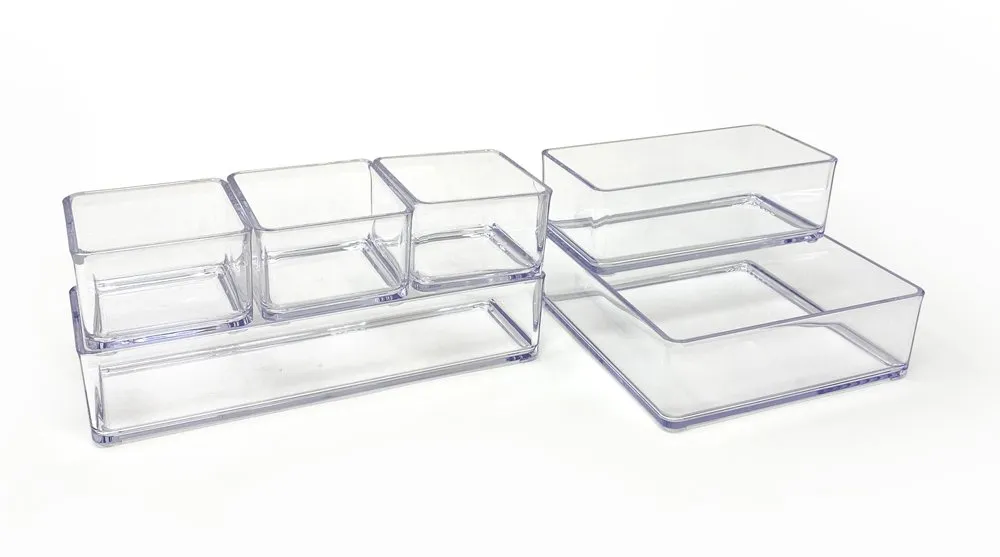 Isaac Jacobs 6-Tray Clear Acrylic Organizer Set, (Six Individual Trays), Multi-Purpose, Stackable Storage Solution for Makeup, Crafts, Desk, School, Office Supplies & More, for Bathroom, Kitchen