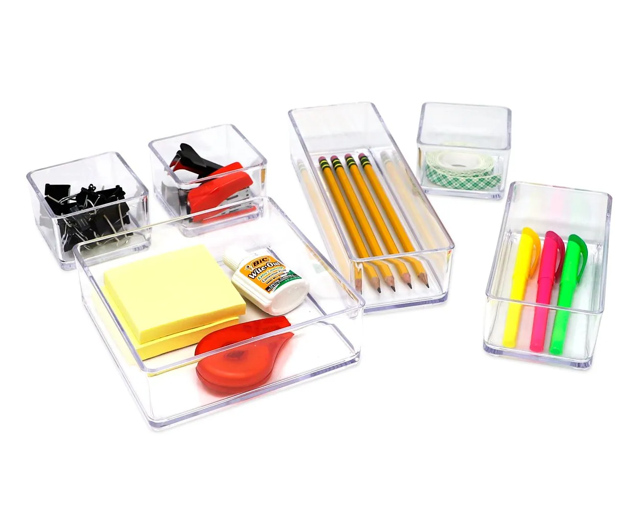 Isaac Jacobs 6-Tray Clear Acrylic Organizer Set, (Six Individual Trays), Multi-Purpose, Stackable Storage Solution for Makeup, Crafts, Desk, School, Office Supplies & More, for Bathroom, Kitchen