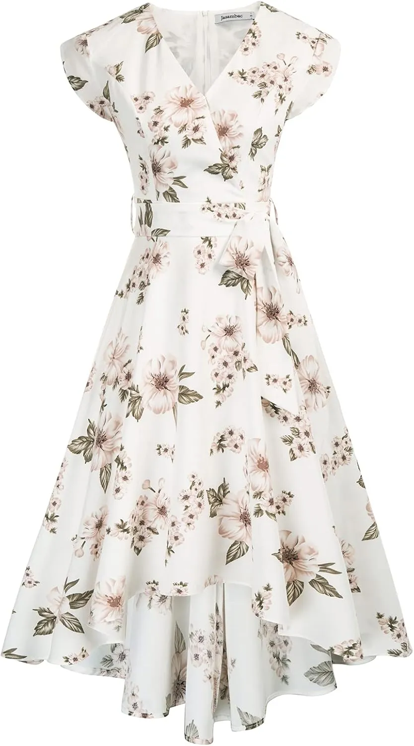 JASAMBAC Women's Floral High Low Dress for Wedding Guest Flowy Bohemian Empire Waist Swing Dress with Belt