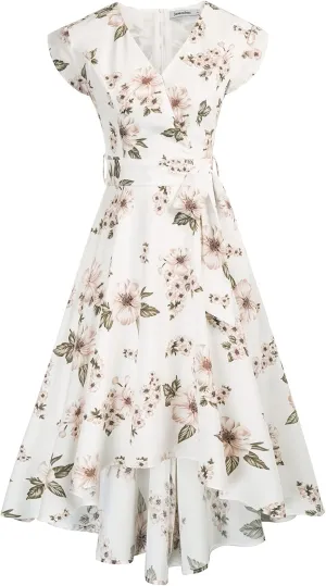 JASAMBAC Women's Floral High Low Dress for Wedding Guest Flowy Bohemian Empire Waist Swing Dress with Belt