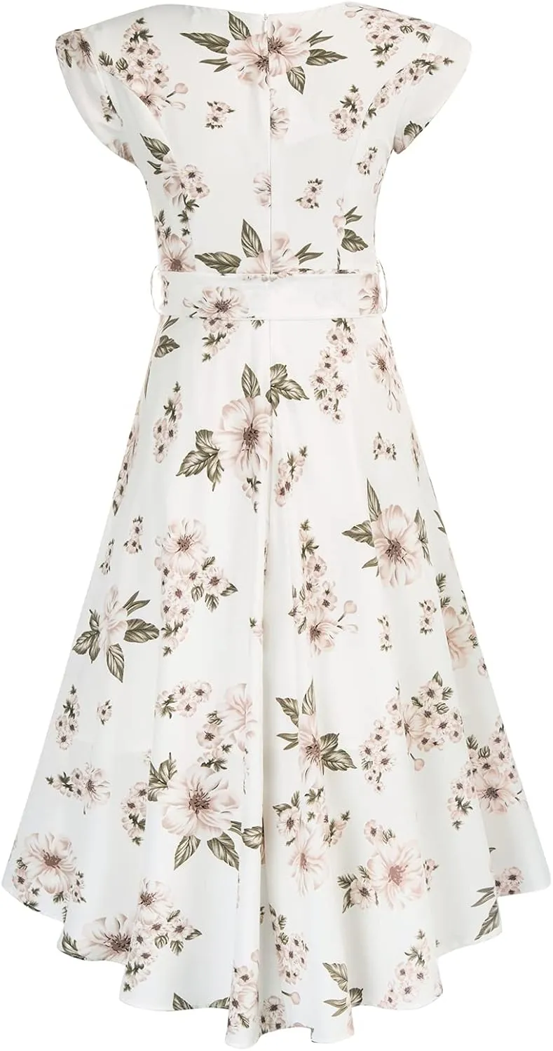 JASAMBAC Women's Floral High Low Dress for Wedding Guest Flowy Bohemian Empire Waist Swing Dress with Belt