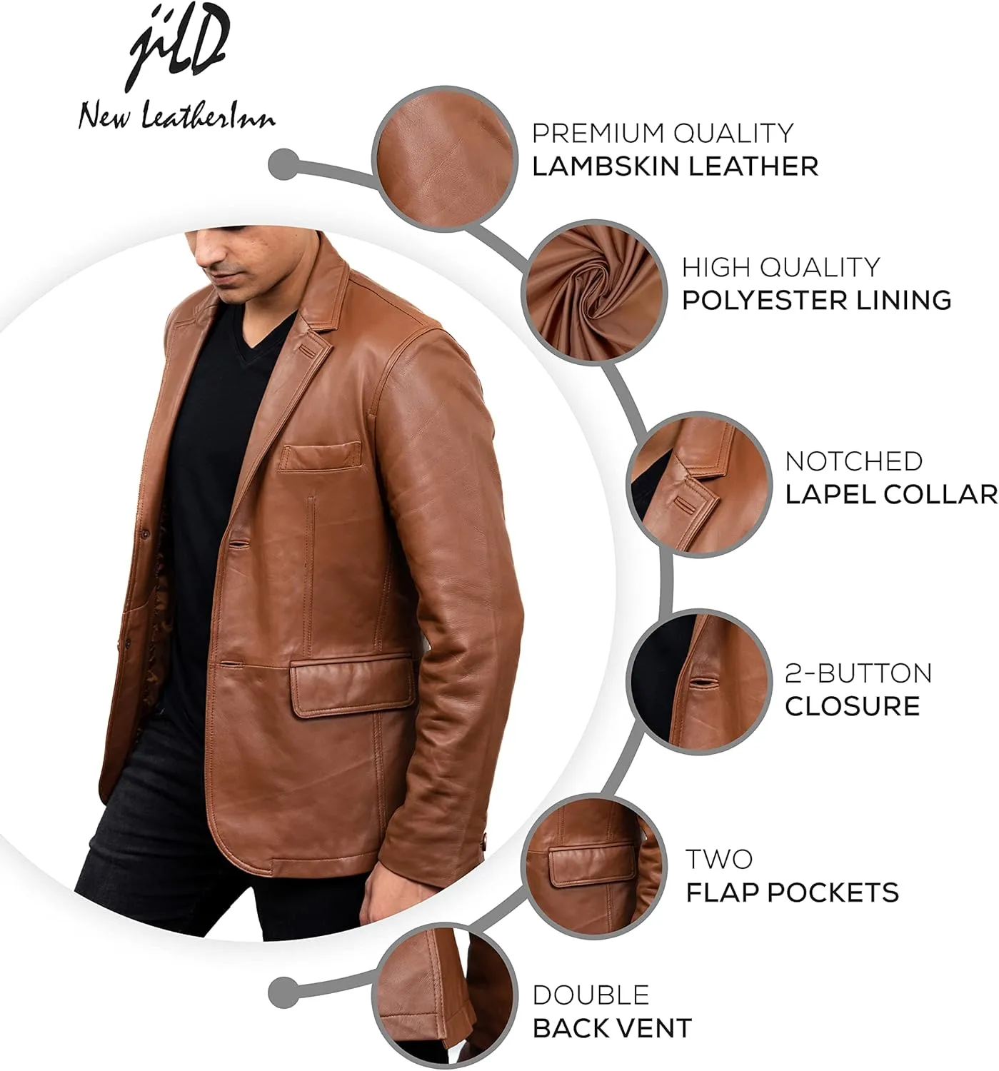 Jild Lambskin Leather Jacket Men Casual Coat  Notched Collar Classic Bonds Style Ultimate Leather Blazer for Men