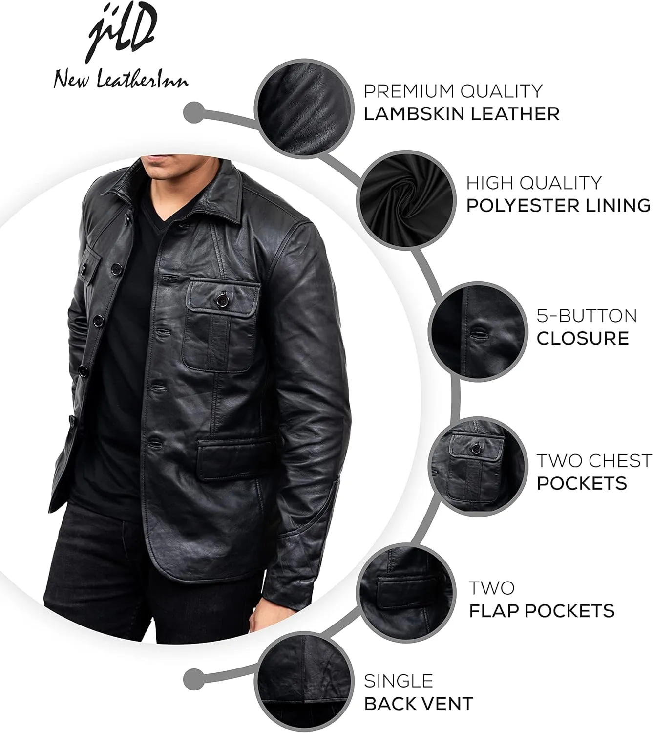 Jild Lambskin Leather Jacket Men Casual Coat  Notched Collar Classic Bonds Style Ultimate Leather Blazer for Men