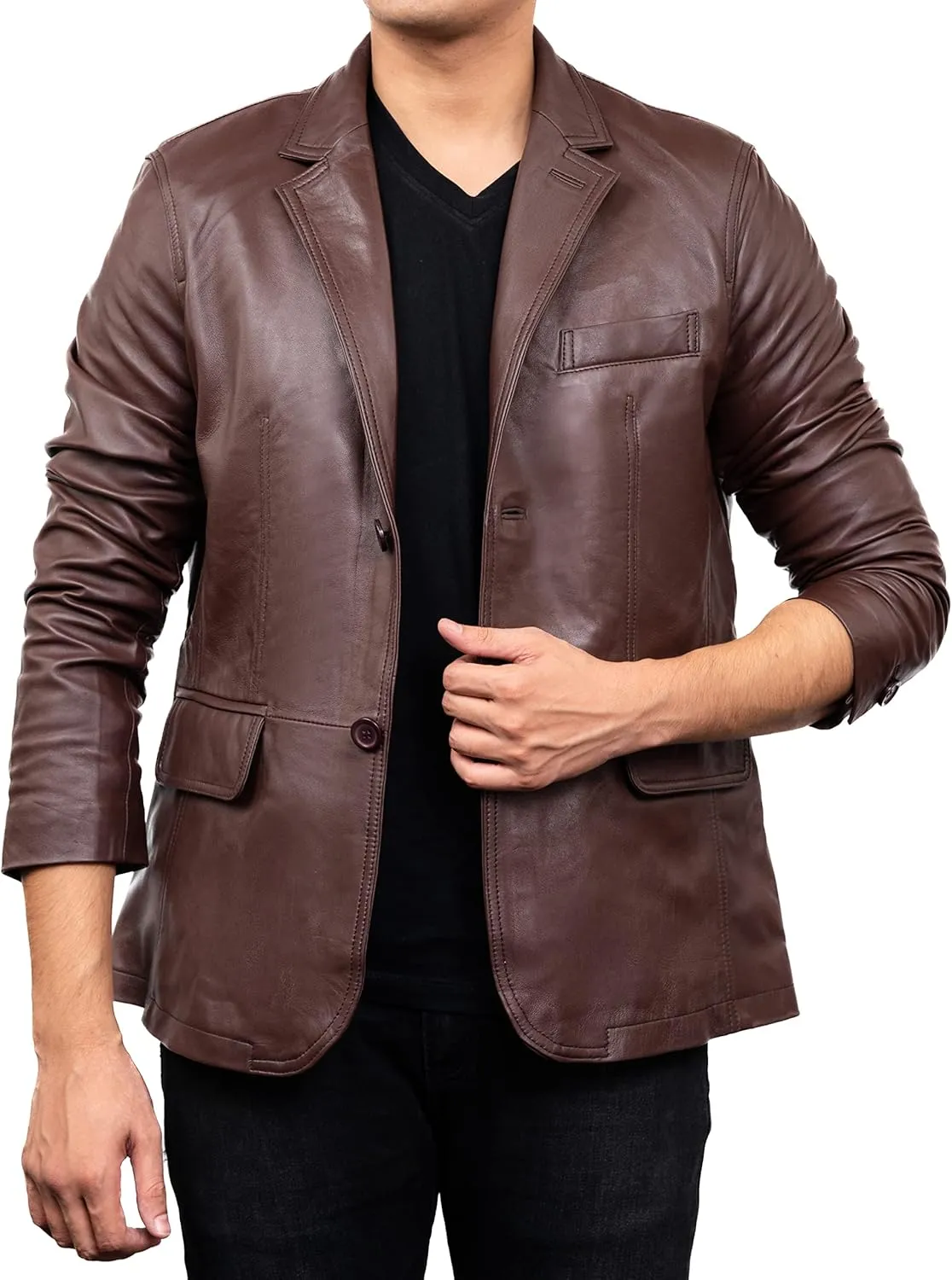 Jild Lambskin Leather Jacket Men Casual Coat  Notched Collar Classic Bonds Style Ultimate Leather Blazer for Men