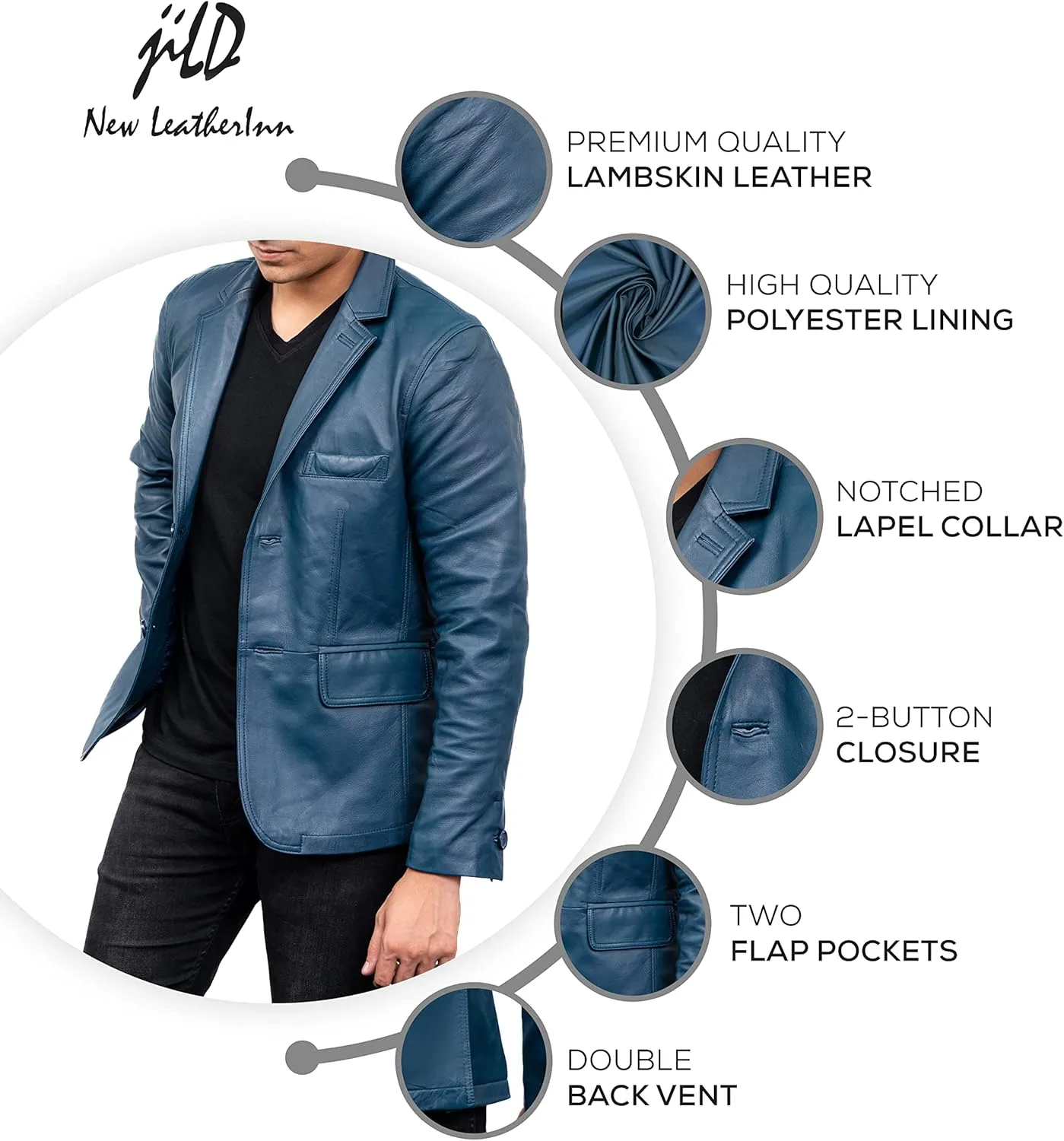 Jild Lambskin Leather Jacket Men Casual Coat  Notched Collar Classic Bonds Style Ultimate Leather Blazer for Men